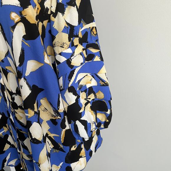 Ashley Stewart Geometric Career Work Wear Blouse Blue Tiered Sleeves 14/16W - Picture 3 of 8